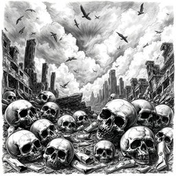 A detailed black and white drawing depicting an eerie scene of skulls scattered among the ruins of a desolate city