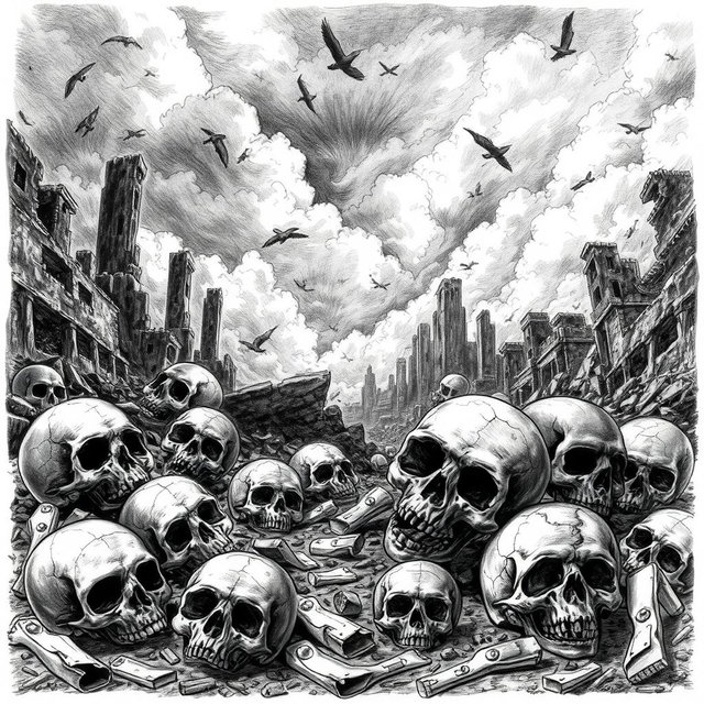A detailed black and white drawing depicting an eerie scene of skulls scattered among the ruins of a desolate city