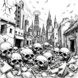 A detailed black and white drawing depicting skulls scattered among the eerie remnants of an apocalyptic city, with crumbling buildings, broken streets, and an ominous atmosphere
