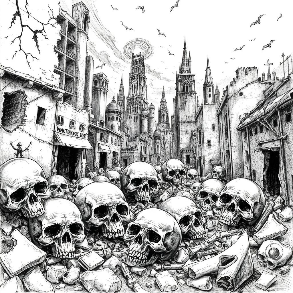 A detailed black and white drawing depicting skulls scattered among the eerie remnants of an apocalyptic city, with crumbling buildings, broken streets, and an ominous atmosphere