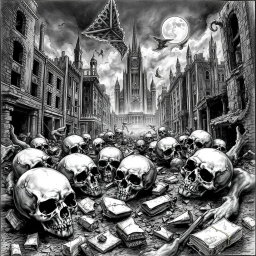 A detailed black and white drawing depicting skulls scattered among the eerie remnants of an apocalyptic city, with crumbling buildings, broken streets, and an ominous atmosphere