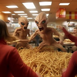 Extraterrestrial beings, brilliantly disguised as humans, engaging in a wild food fight within a McDonald's, their alien origins sneakily revealed in the chaos.