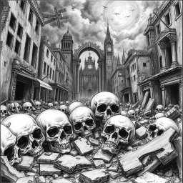 A detailed black and white drawing depicting skulls scattered among the eerie remnants of an apocalyptic city, with crumbling buildings, broken streets, and an ominous atmosphere