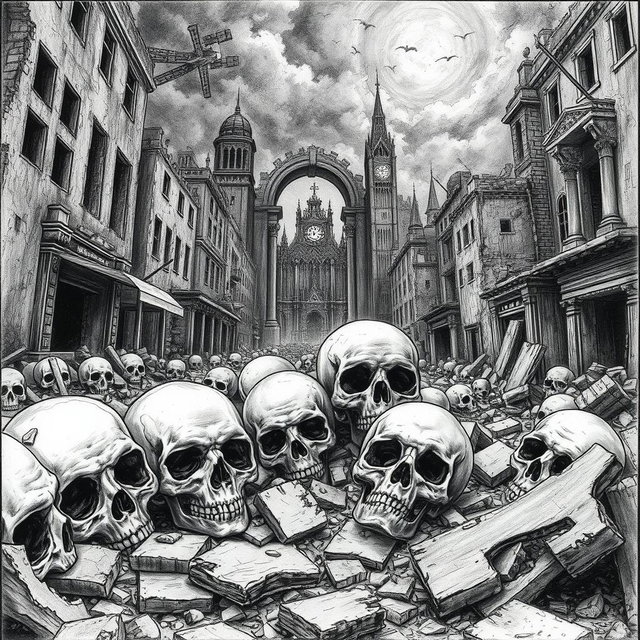 A detailed black and white drawing depicting skulls scattered among the eerie remnants of an apocalyptic city, with crumbling buildings, broken streets, and an ominous atmosphere