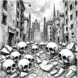 A detailed black and white drawing depicting skulls scattered among the eerie remnants of an apocalyptic city, with crumbling buildings, broken streets, and an ominous atmosphere
