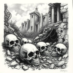 A detailed black and white drawing depicting a haunting scene of skulls scattered amid the remnants of a ruined city
