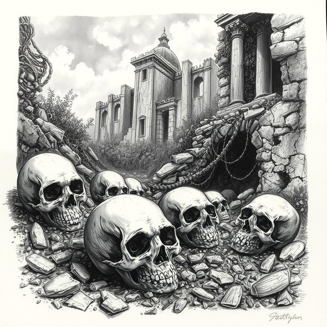 A detailed black and white drawing depicting a haunting scene of skulls scattered amid the remnants of a ruined city