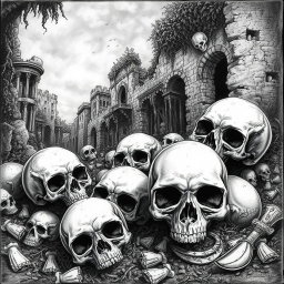 A detailed black and white drawing depicting a haunting scene of skulls scattered amid the remnants of a ruined city