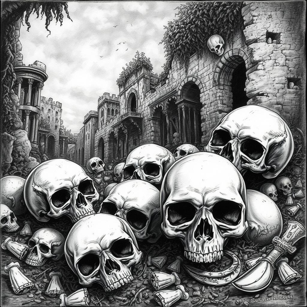 A detailed black and white drawing depicting a haunting scene of skulls scattered amid the remnants of a ruined city