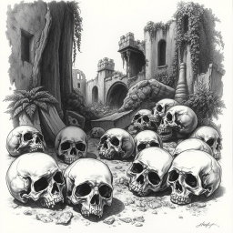 A detailed black and white drawing depicting a haunting scene of skulls scattered amid the remnants of a ruined city
