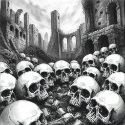 A detailed black and white drawing depicting a haunting scene of skulls scattered amid the remnants of a ruined city