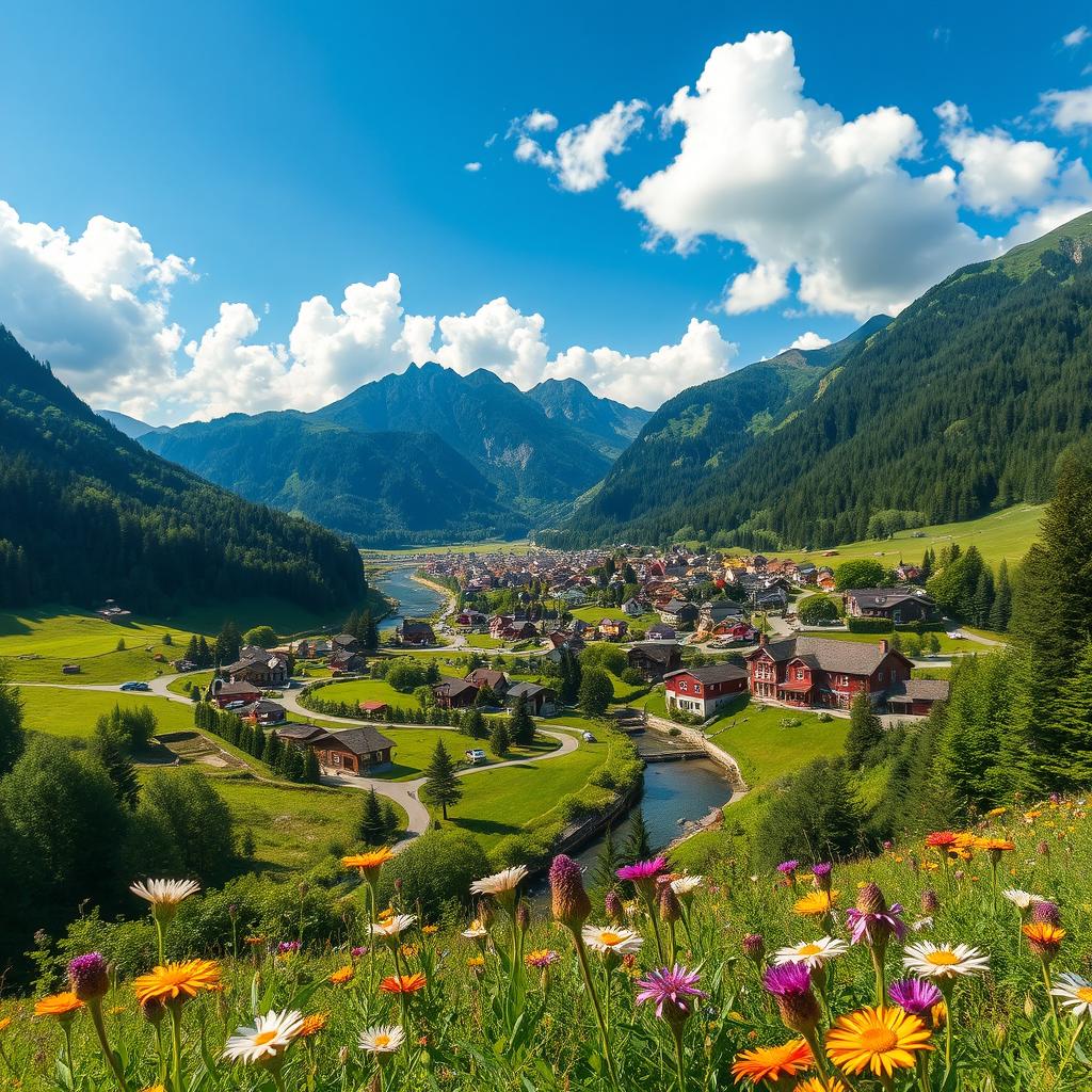 A stunning landscape scene depicting a charming mountain valley with a picturesque country city nestled among lush greenery and towering mountains