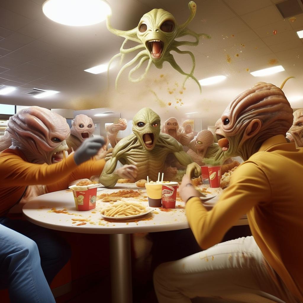 Extraterrestrial beings, brilliantly disguised as humans, engaging in a wild food fight within a McDonald's, their alien origins sneakily revealed in the chaos.