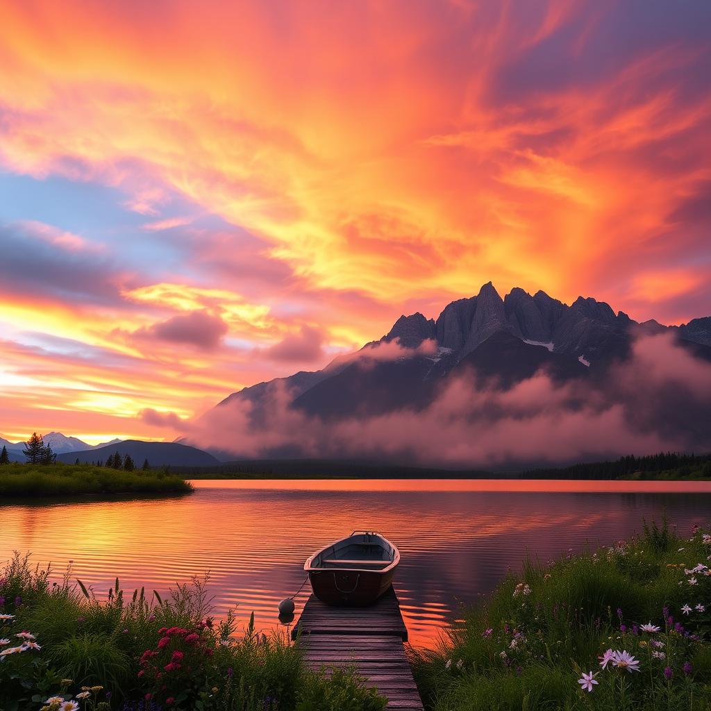 A serene landscape scene at sunset, showcasing a vibrant sky filled with dramatic orange, pink, and purple hues