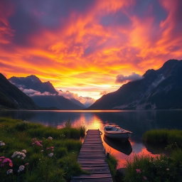 A serene landscape scene at sunset, showcasing a vibrant sky filled with dramatic orange, pink, and purple hues