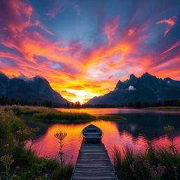A serene landscape scene at sunset, showcasing a vibrant sky filled with dramatic orange, pink, and purple hues