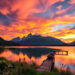 A serene landscape scene at sunset, showcasing a vibrant sky filled with dramatic orange, pink, and purple hues