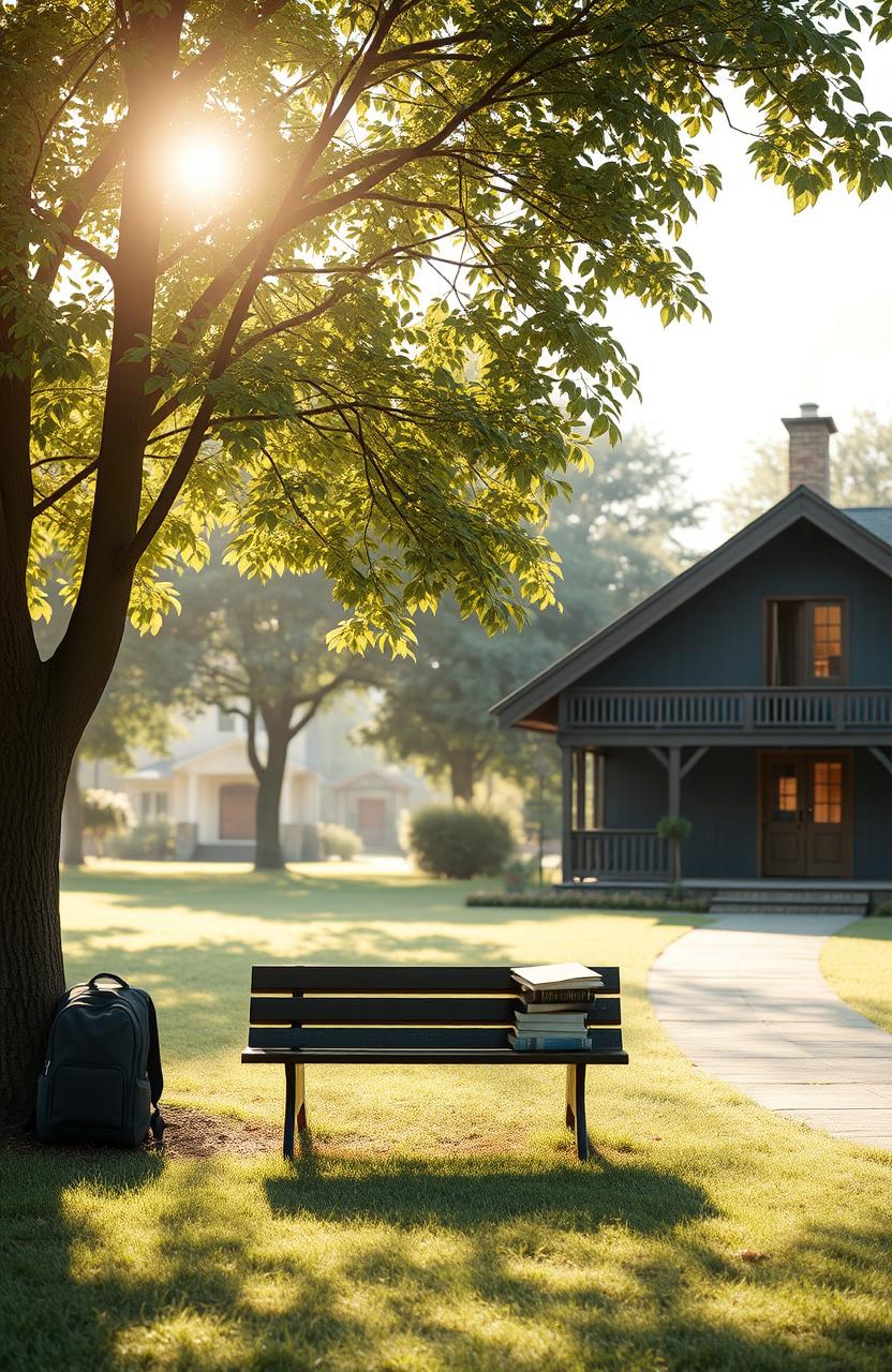 A serene and reflective scene depicting a transition from a school bench (bangku) to a home setting (bait)