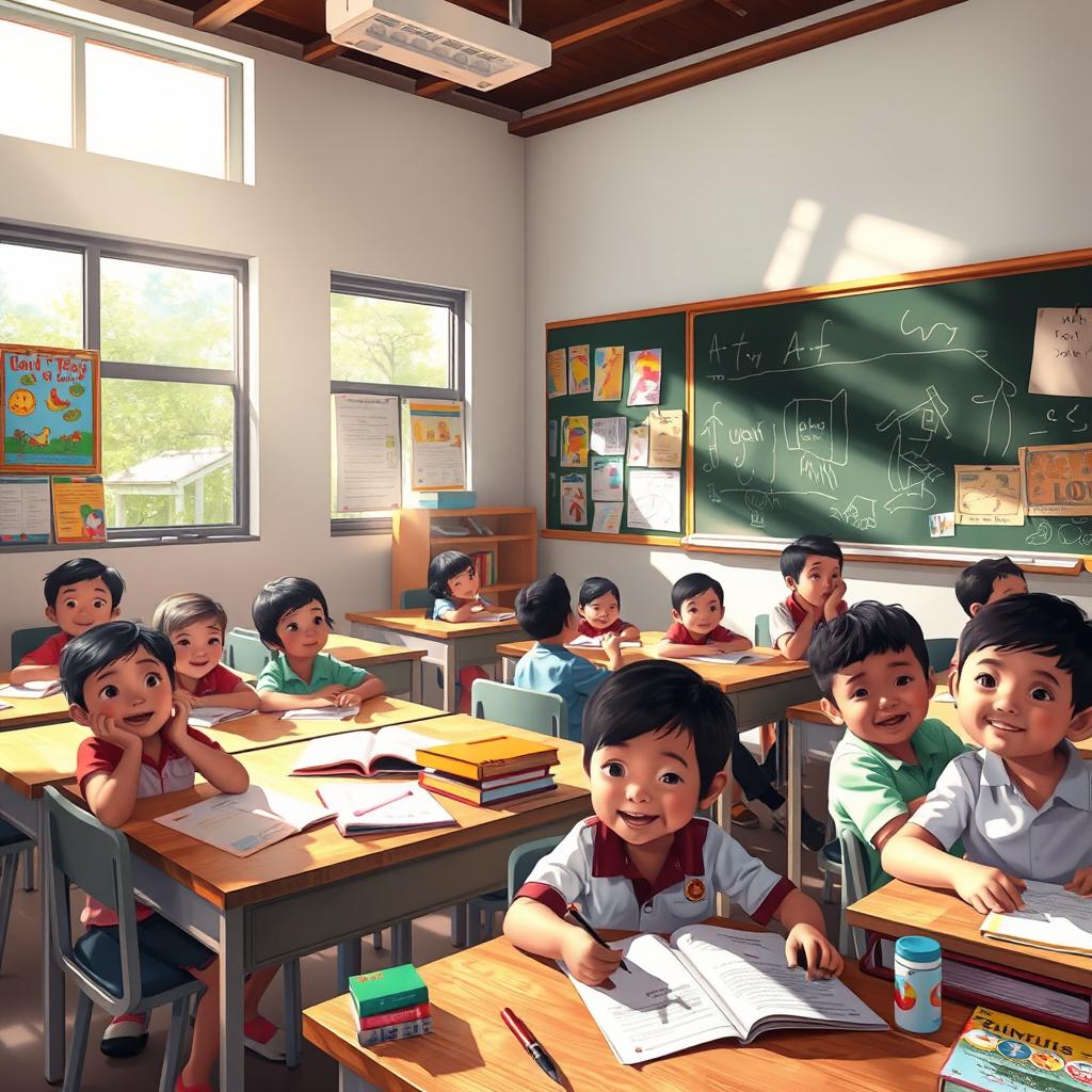 An artistic representation of a classroom scene inspired by a poem about a journey from a bench (bangku) to a home (bait)