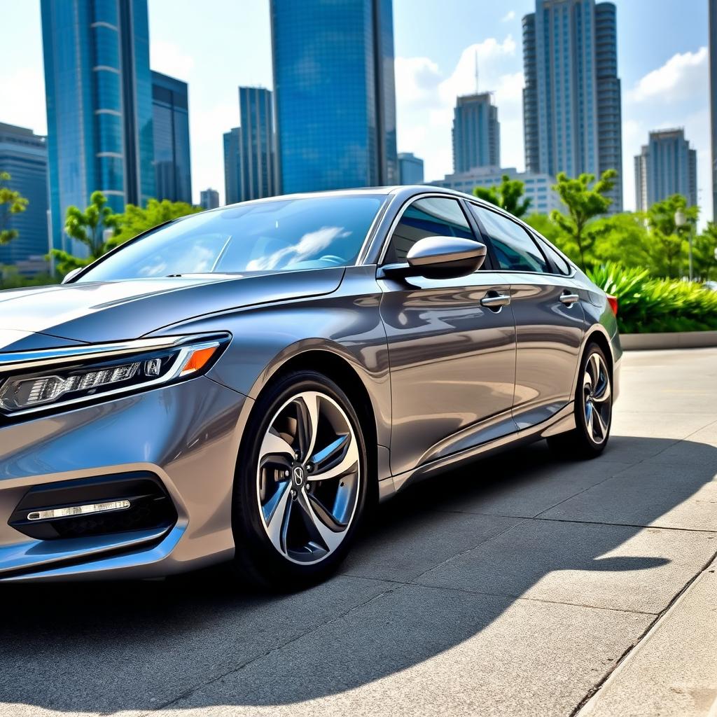 A sleek and modern Honda Accord Sport Hybrid parked in an urban setting, showcasing its aerodynamic design and sporty features
