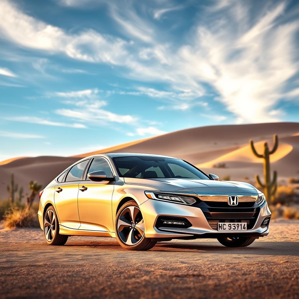 A Honda Accord Sport Hybrid in a stunning sand dune pearl color parked elegantly against a picturesque desert landscape