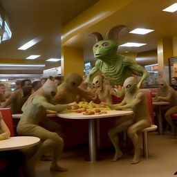 Extraterrestrial beings, brilliantly disguised as humans, engaging in a wild food fight within a McDonald's, their alien origins sneakily revealed in the chaos.