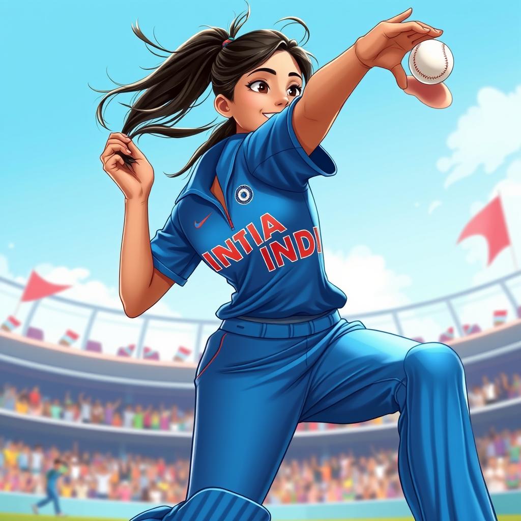 A dynamic Disney Pixar-style illustration of a 25-year-old female Indian cricketer in action, showcasing her athleticism and skill
