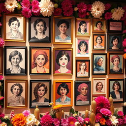 A vibrant and inspiring wall full of framed portraits of brilliant women, featuring the likes of Maryam Mirzakhani, J