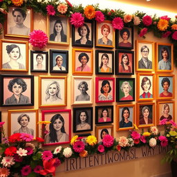 A vibrant and inspiring wall full of framed portraits of brilliant women, featuring the likes of Maryam Mirzakhani, J