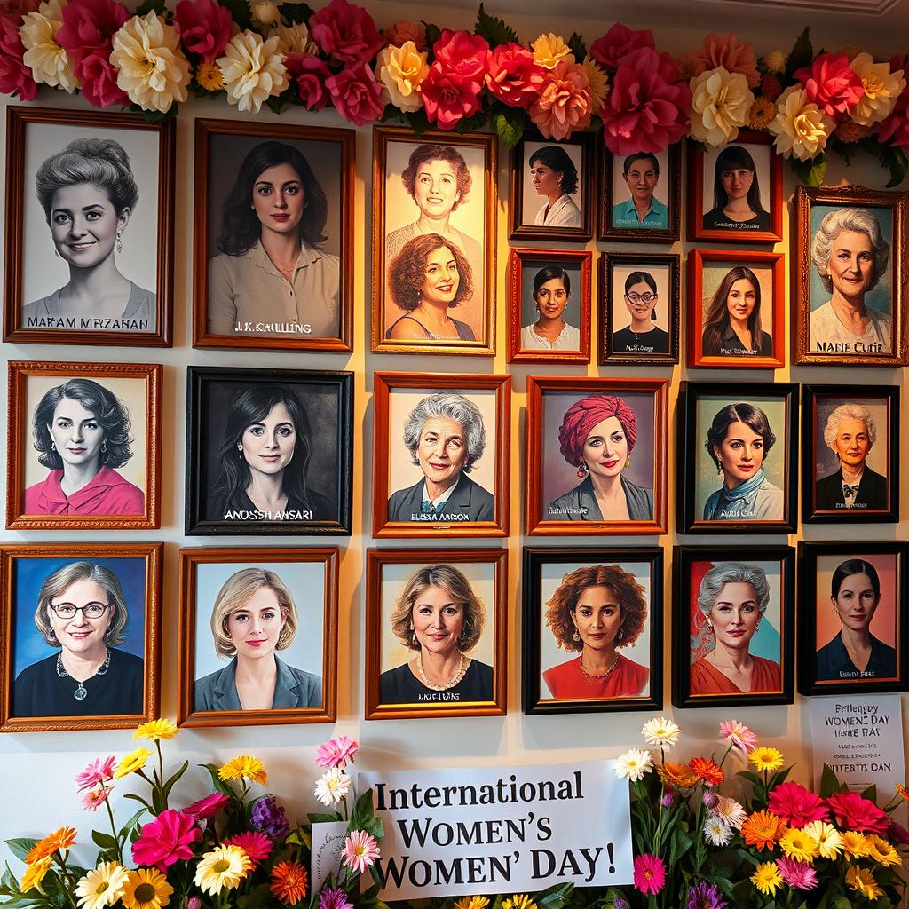 A vibrant and inspiring wall full of framed portraits of brilliant women, featuring the likes of Maryam Mirzakhani, J