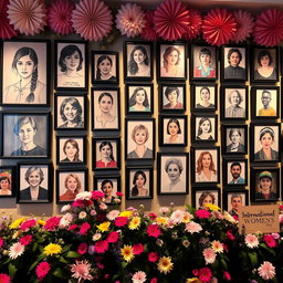 A vibrant and inspiring wall full of framed portraits of brilliant women, featuring the likes of Maryam Mirzakhani, J