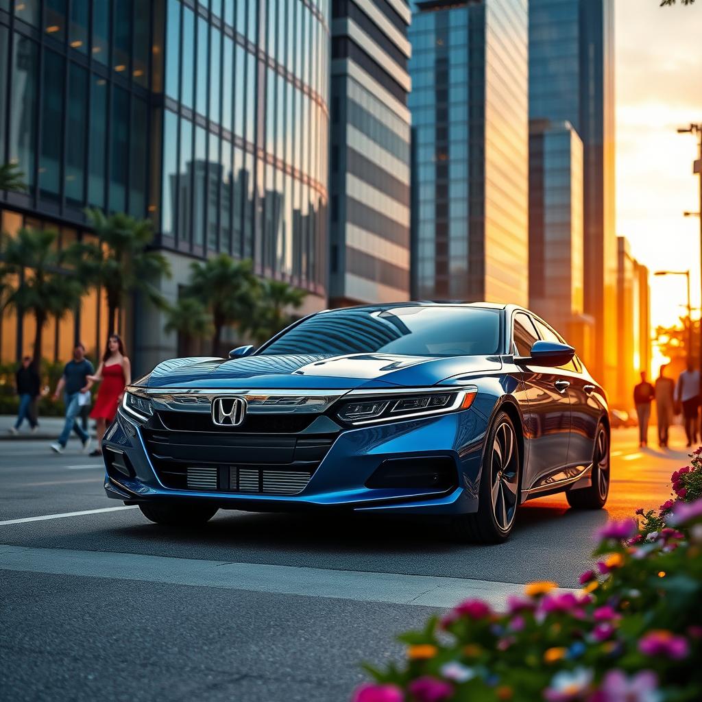 A sleek and modern 2025 Honda Accord parked on a vibrant city street during sunset