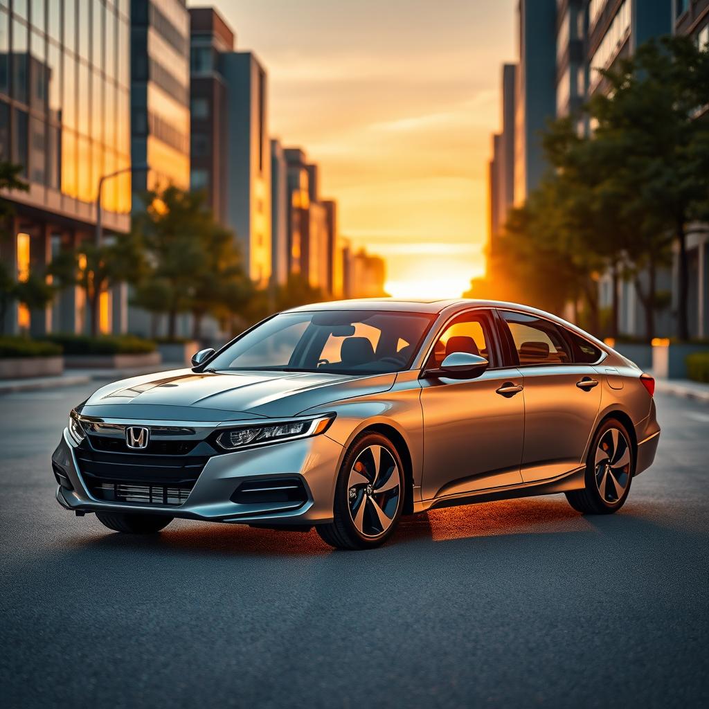 A sleek and modern Honda Accord 2025 sedan showcasing its innovative design features, with a dynamic exterior highlighting sharp lines and a refined front grille