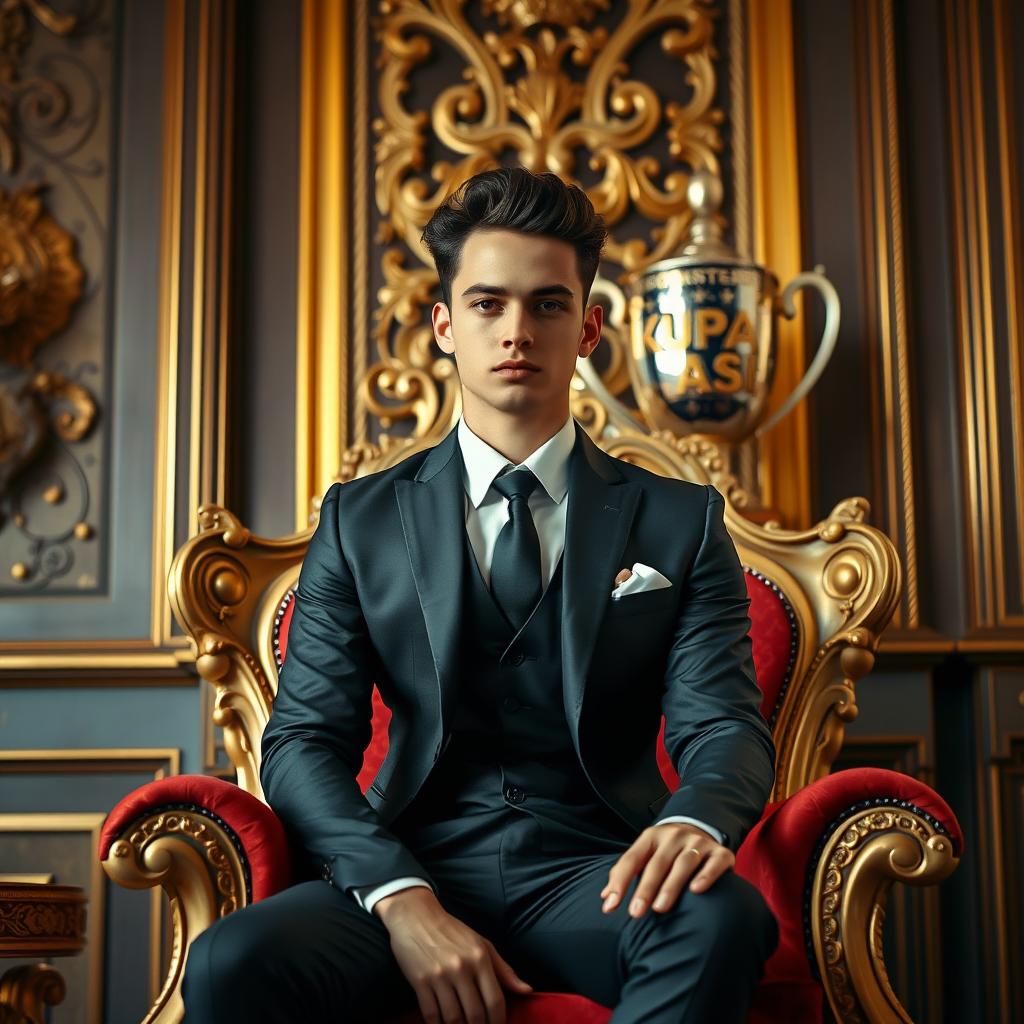 A young handsome man in a stylish suit, seated elegantly on a royal throne in a luxurious room adorned with rich, opulent decor