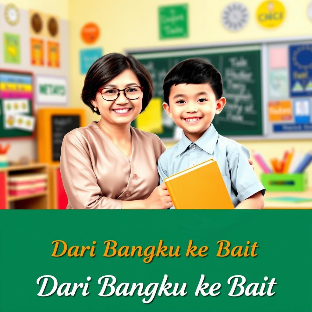 A book cover titled 'Dari Bangku ke Bait' featuring a teacher and a student posed together in a warm and engaging classroom setting