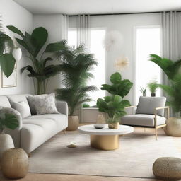 A stylish living room design blending tropical and Scandinavian aesthetics for New Year's Eve 2024. An inviting space filled with friends and family, adorned with lush tropical plants, minimalist Scandinavian furniture, gold and silver festive decorations, a crackling fireplace, and a glimpse of fireworks.