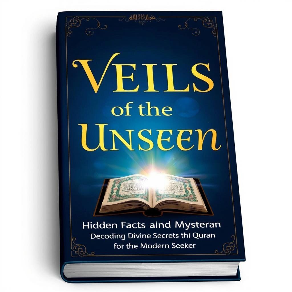 A captivating book cover design featuring the title 'Veils of the Unseen: Hidden Facts and Mysteries in the Quran' prominently displayed in elegant, gold calligraphy against a deep blue background