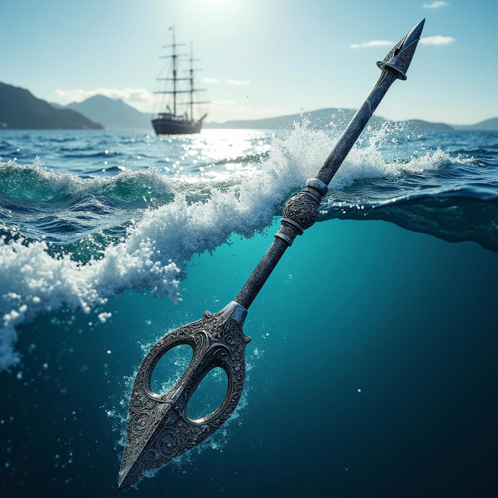 A sleek and majestic harpoon, glistening with silver and adorned with intricate designs