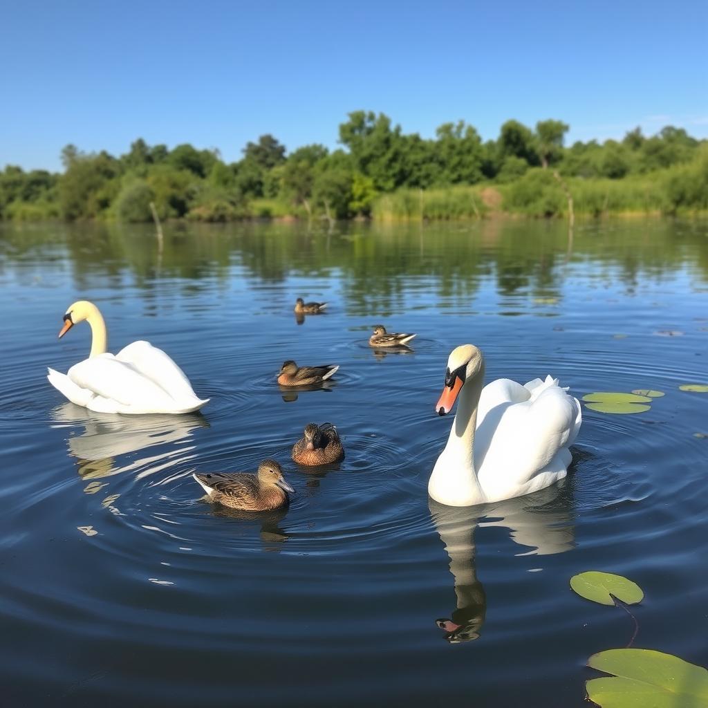 A serene scene of elegant swans and adorable ducks gracefully swimming in a tranquil lake surrounded by lush greenery