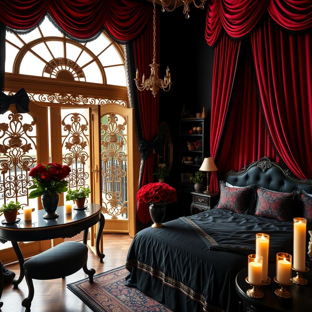 A luxurious room in a palace with blood-red curtains and black walls