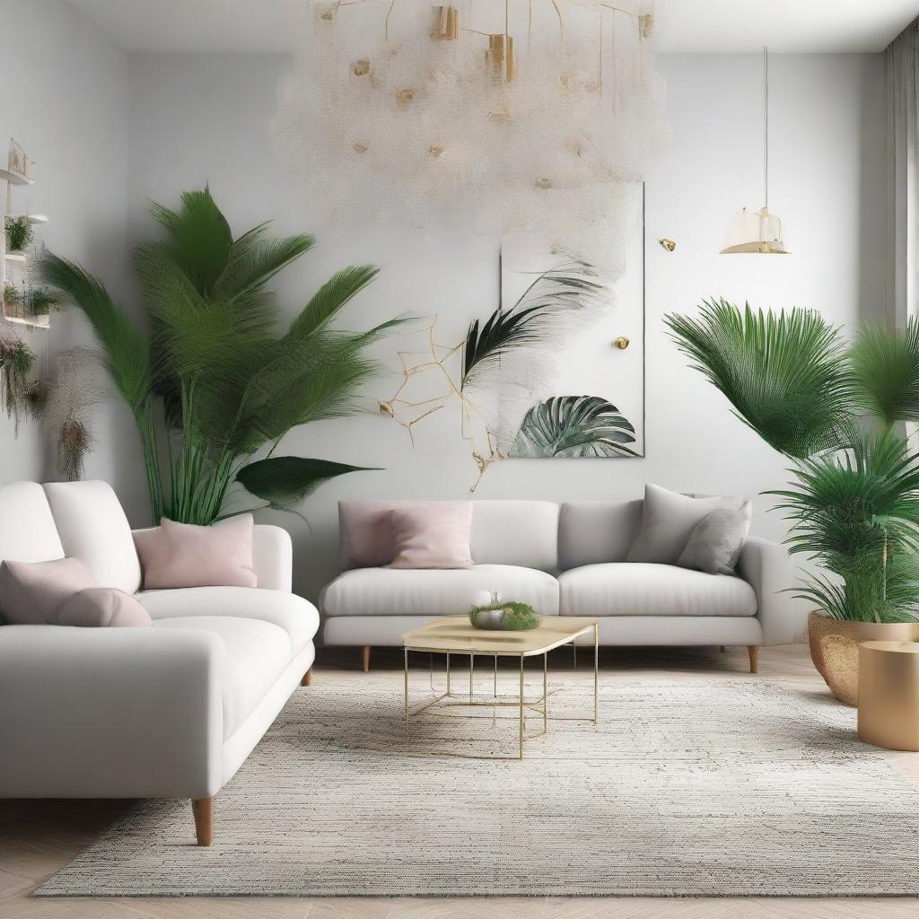 A stylish living room design blending tropical and Scandinavian aesthetics for New Year's Eve 2024. An inviting space filled with friends and family, adorned with lush tropical plants, minimalist Scandinavian furniture, gold and silver festive decorations, a crackling fireplace, and a glimpse of fireworks.