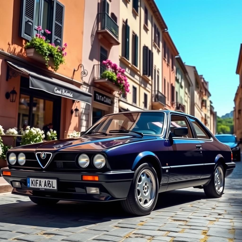 A stunning Alfa Romeo 164 parked on a picturesque Italian street, surrounded by classic architecture and vintage cafés
