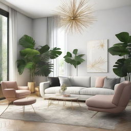 A stylish living room design blending tropical and Scandinavian aesthetics for New Year's Eve 2024. An inviting space filled with friends and family, adorned with lush tropical plants, minimalist Scandinavian furniture, gold and silver festive decorations, a crackling fireplace, and a glimpse of fireworks.