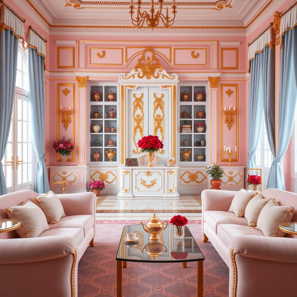 A grand room in a palace with soft pink and golden striped walls