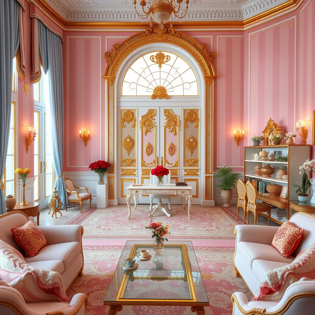A grand room in a palace featuring soft pink and golden striped walls
