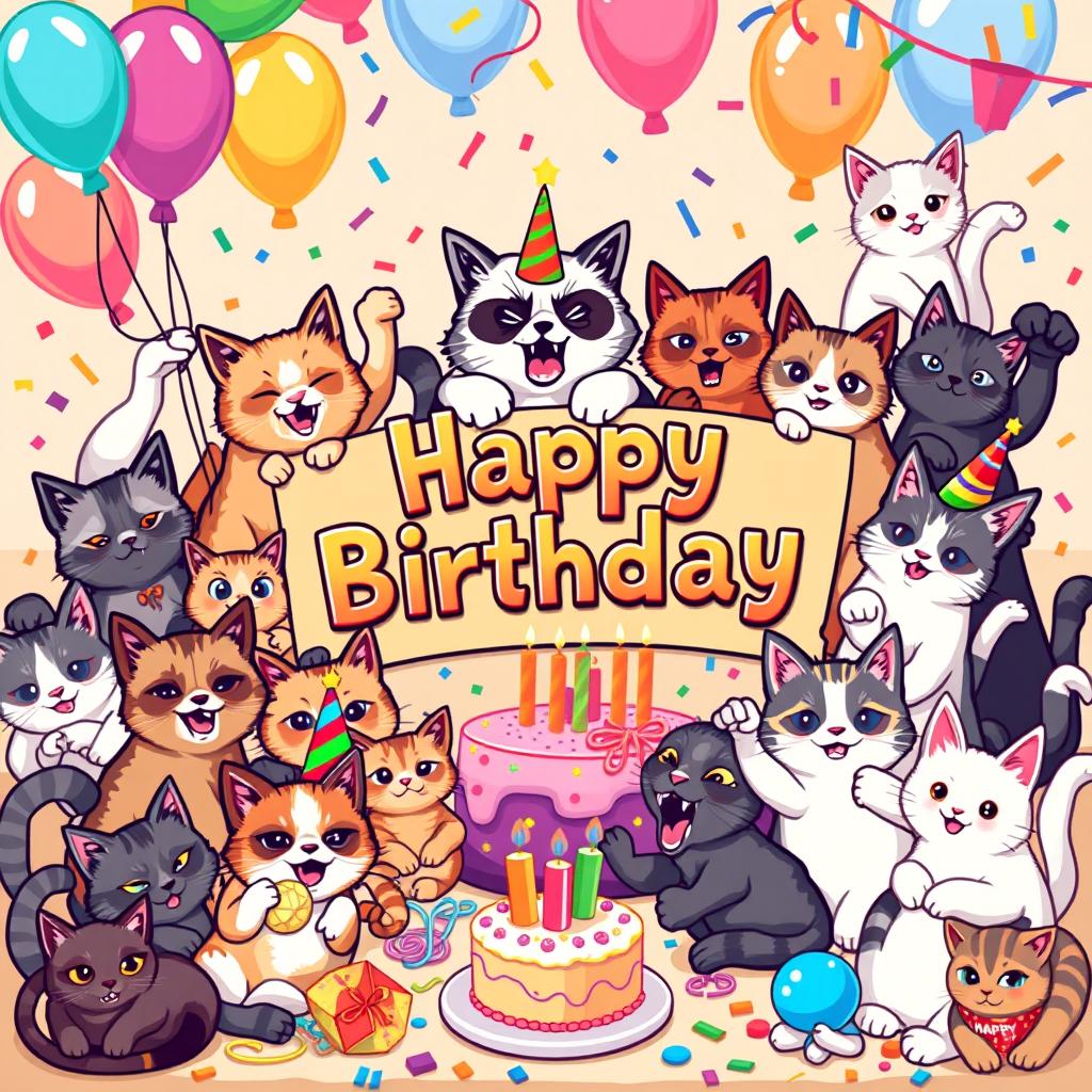A vibrant and cheerful pixel art design for birthday greetings, filled with various meme-inspired cats in humorous and playful poses
