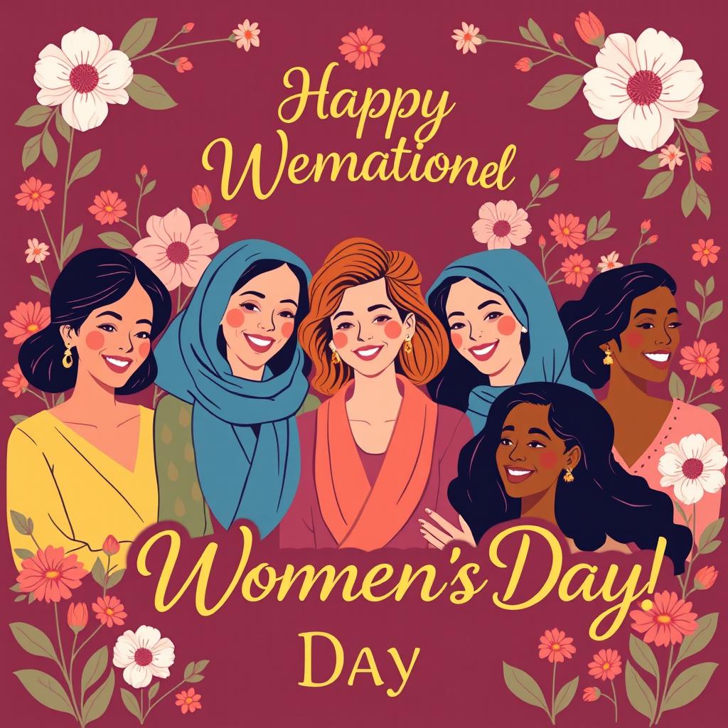 An elegant and cheerful illustration celebrating International Women's Day, featuring a diverse group of women of different ages and ethnicities, all smiling and supporting one another
