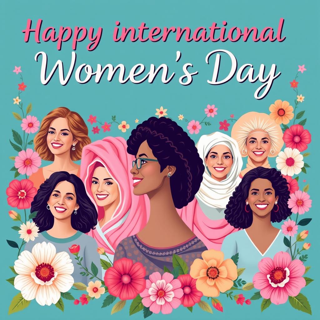 A vibrant and uplifting graphic celebrating International Women's Day, featuring a collage of successful women from diverse backgrounds, including leaders, artists, and innovators, with warm and inspiring wishes displayed prominently
