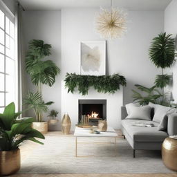 A stylish living room design blending tropical and Scandinavian aesthetics for New Year's Eve 2024. An inviting space filled with friends and family, adorned with lush tropical plants, minimalist Scandinavian furniture, gold and silver festive decorations, a crackling fireplace, and a glimpse of fireworks.