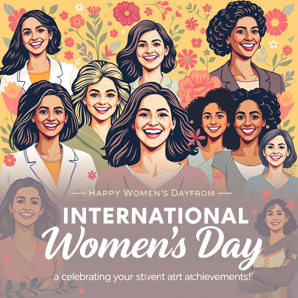 A warm and uplifting graphic celebrating International Women's Day, featuring a collage of successful women from various fields such as science, business, art, and sports, all smiling and exuding confidence